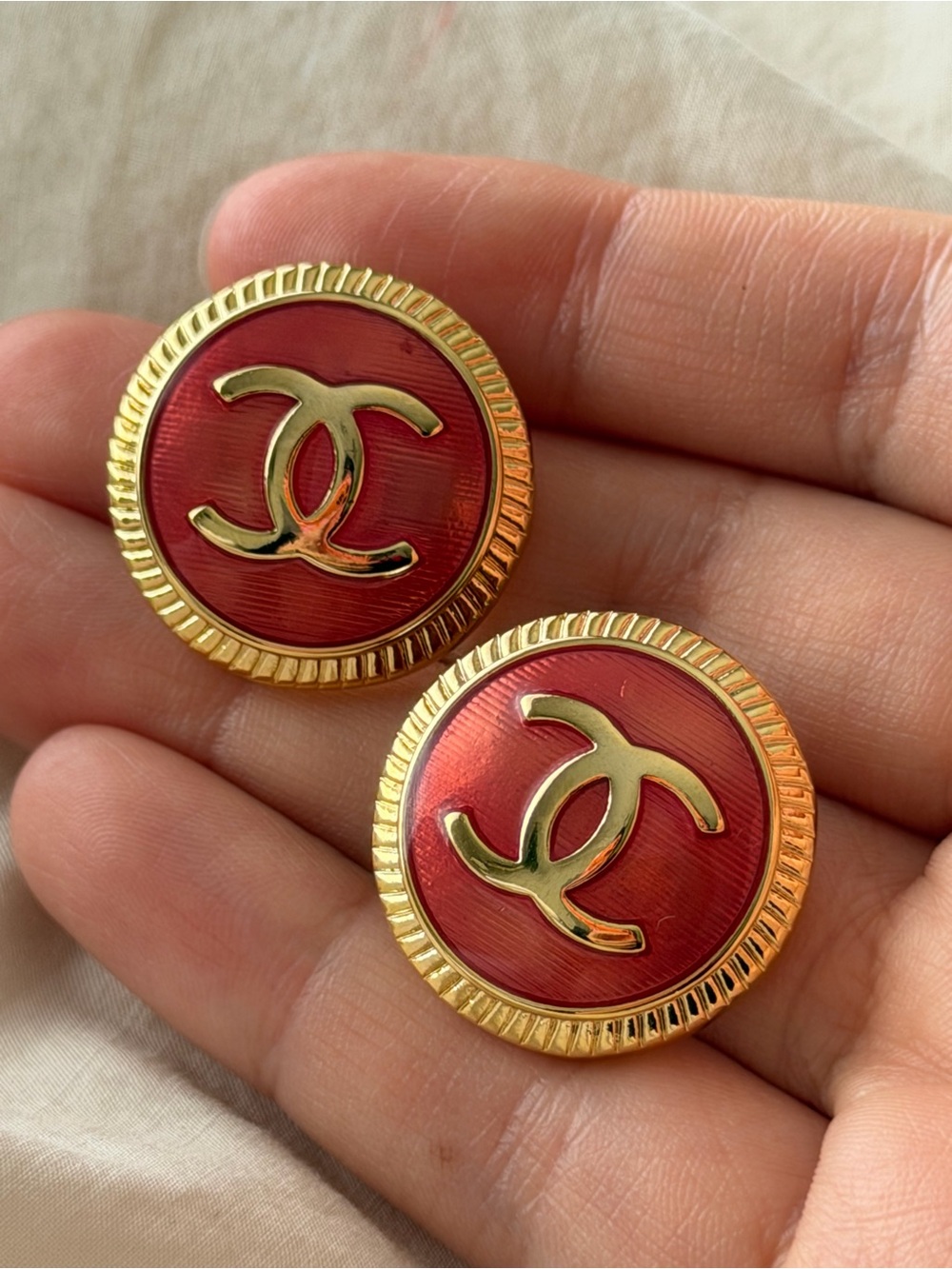 CHANEL Gold-Tone CC Pinkish Red Enamel Earrings - Picture 5 of 14